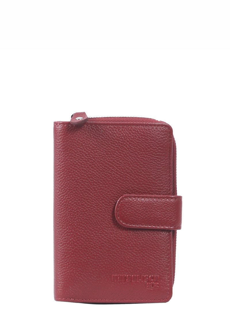Rode leren portemonnee met een gestructureerde afwerking, ritsluiting en drukknoop. Voorzien van een afgeronde tab en gebosseleerd merkteken op de voorkant.