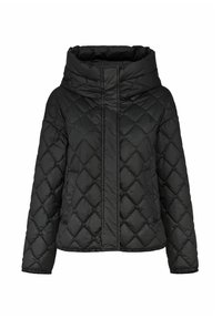 Czarna pikowana kurtka puchowa z wysokim kołnierzem, z zamkiem z przodu i wzorem w diamenty. Wykonana z gładkiego, wodoodpornego materiału.