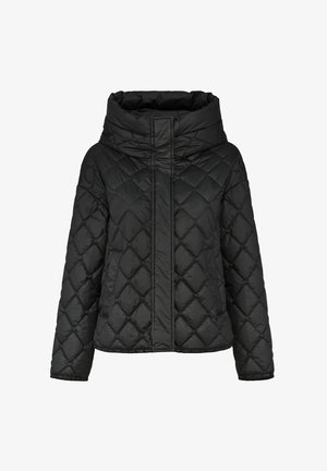 Czarna pikowana kurtka puchowa z wysokim kołnierzem, z zamkiem z przodu i wzorem w diamenty. Wykonana z gładkiego, wodoodpornego materiału.