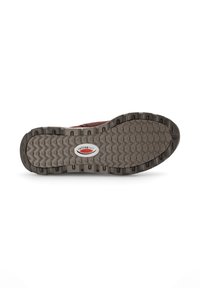Rubberen zool met een gestructureerd grippatroon, met een donkergrijze basis en een glad, gekleurd logo accent in het midden.
