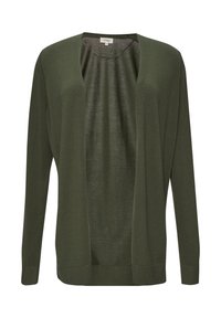 Olivgrüne Strickjacke aus leichtem Stoff, mit offenem Vorderteil, langen Ärmeln und gerippten Bündchen für eine lässige Passform.