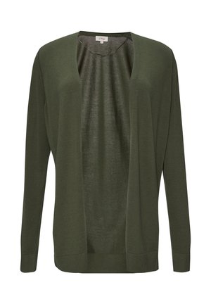 Olive green cardigan made of lightweight fabric, featuring an open front, long sleeves, and ribbed cuffs for a relaxed fit.