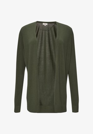 Olijfgroene cardigan van lichtgewicht stof, met een open voorkant, lange mouwen en geribbelde manchetten voor een comfortabele pasvorm.