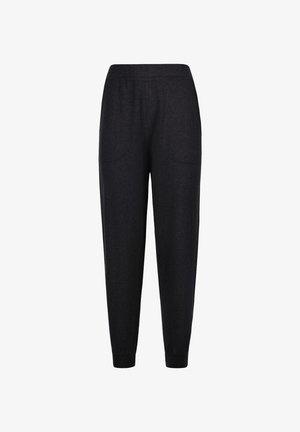 Schwarze, lässige Jogginghosen aus weichem Stoff. Verfügen über einen elastischen Bund, zwei Seitentaschen und schmal zulaufende Bündchen an den Knöcheln.