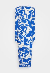 Robe à manches longues avec un motif abstrait en bleu et blanc, confectionnée dans un tissu extensible avec des détails de fronces sur les côtés.