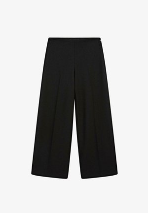 Pantalons larges noirs en tissu doux, avec une taille haute et des plis, ayant une texture lisse et sans embellissements visibles.