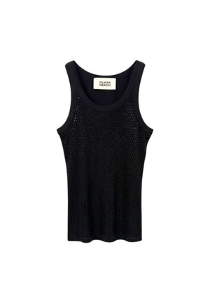 Canotta nera senza maniche in mesh con scollo rotondo e un'etichetta bianca con la scritta "SILVIAN HEACH" all'interno del colletto.