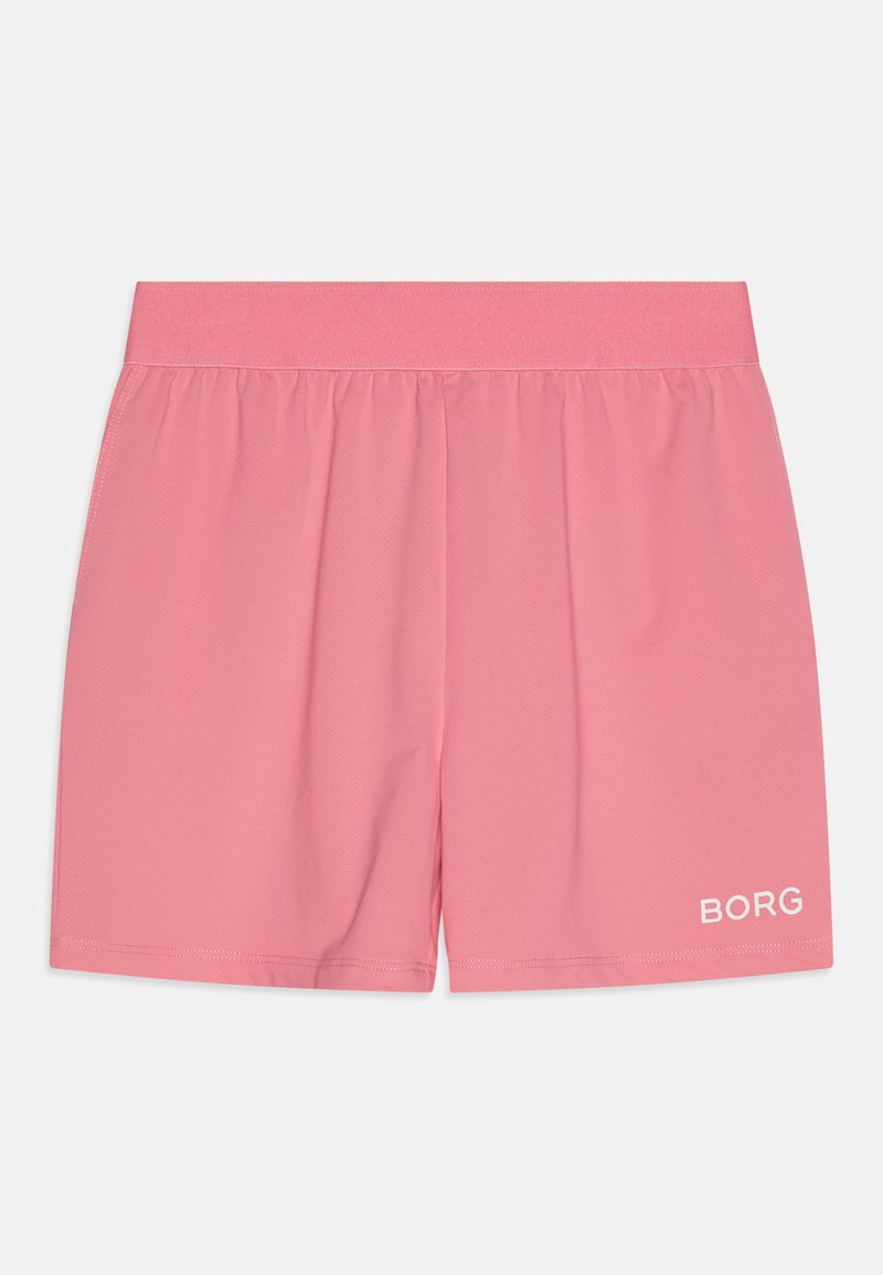 Rozā sporta šorti, kas izgatavoti no viegla materiāla. Iezīmēts ar elastīgu jostu un mazu baltu "BORG" logo apakšējā kreisajā stūrī.
