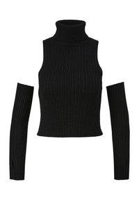 Schwarzes geripptes Rollkragenoberteil mit cropped Design und langen, eng anliegenden Ärmeln. Verfügt über einen strukturierten Stoff und seitliche Öffnungen in der Nähe der Handgelenke.