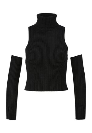 Pull en col roulé noir à côtes avec un design court et des manches longues cintrées. Dispose d'un tissu texturé et d'ouvertures sur les côtés près des poignets.