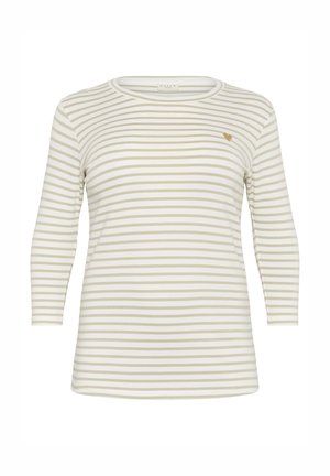 T-shirt à rayures à manches longues beige et blanc. Tissu en coton doux avec un col rond et un petit logo en accent. Design ajusté.