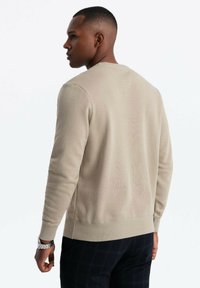 Sudadera beige de manga larga con puños y dobladillo acanalados, con un tejido texturizado y un cuello redondo, mostrada desde la parte de atrás.