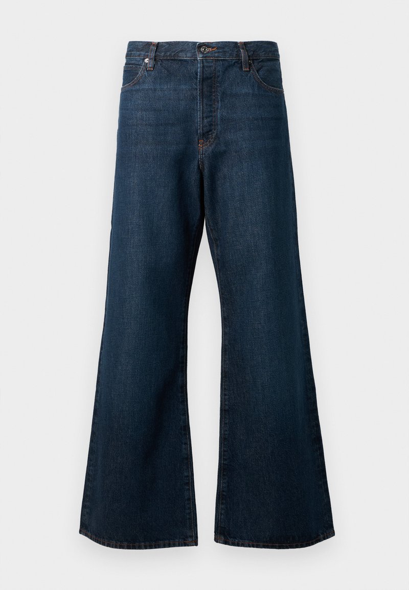 Dunkelblaue weit geschnittene Jeans aus Denim, mit hoher Taille, Fünf-Taschen-Design und kontrastierenden orangefarbigen Nähten entlang der Nähte.