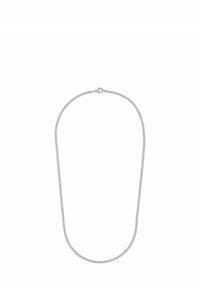 Silberne Kettenhalskette mit einer glatten, glänzenden Oberfläche. Verfügt über ein verknüpftes Design und einen sicheren Karabinerverschluss. Gleichmäßig gerundete Glieder über die gesamte Länge.