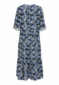 Blumendruckkleid in verschiedenen Blau-, Schwarz- und Weißtönen. Kurze Ärmel und gestuftes Design mit rundem Ausschnitt. Glatte Stofftextur.