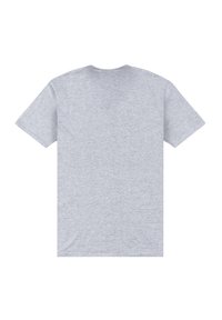 Camiseta gris de manga corta, fabricada con una mezcla de algodón, con cuello redondo y una textura suave, que presenta un diseño liso en la parte posterior.