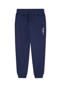Pantalones de chándal azul marino hechos de una tela suave, con una cintura elástica y cordón, bolsillos laterales y un logotipo blanco en el muslo.