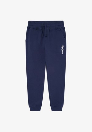 Pantalones de chándal azul marino hechos de una tela suave, con una cintura elástica y cordón, bolsillos laterales y un logotipo blanco en el muslo.