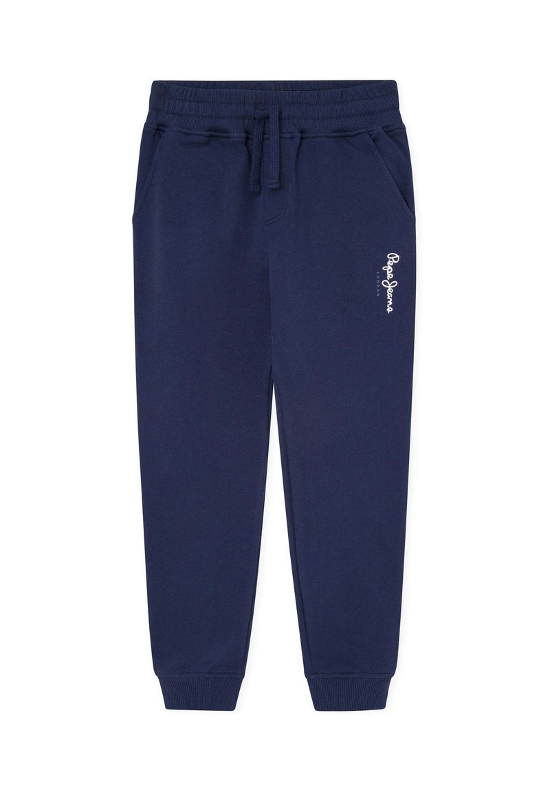 Pantalones de chándal azul marino hechos de una tela suave, con una cintura elástica y cordón, bolsillos laterales y un logotipo blanco en el muslo.