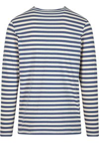 Langermet skjorte med et marinebl�ått og kremfarget horisontalt stripemønster. Laget av myk, fleksibel stoff med rund hals.