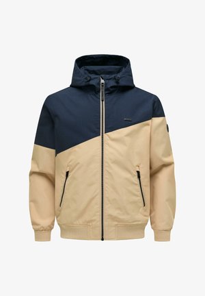 Kapuzensweatjacke mit durchgehendem Reißverschluss, beiger unterer Hälfte, dunkelblauer oberer Hälfte, Reißverschlusstaschen, gerippten Bündchen und verstellbaren Kordeln an der Kapuze.