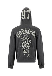 Dark gray hoodie with a dragon and rose graphic in white. Features a large "97" on the hood and ribbed cuffs and waistband.