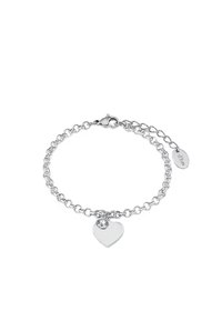 Pulsera de cadena de plata con un charm en forma de corazón y un pequeño acento de cristal. Presenta un cierre de langosta y una cadena ajustable.