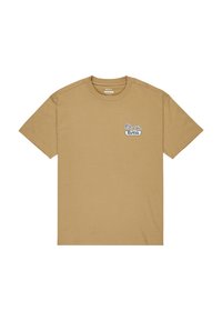 Tanskleurig katoen T-shirt met korte mouwen en een ronde hals. Bevat een klein gedrukt logo met bloemaccenten op de linkerborst.