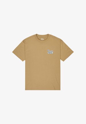 T-shirt di cotone color sabbia con maniche corte e colletto girocollo. Presenta un piccolo logo stampato con decorazioni floreali sul lato sinistro del petto.