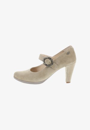 Beiger Wildleder-Marienkäfer-Pumps mit abgerundetem Zehenbereich, dekorativer Metallschnalle am Riemen und kleinem Metallemblem an der Ferse.