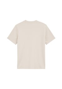 Beige, rövid ujjú póló, kerek nyakkivágással, sima textúrával és egyszerű, minta vagy logó nélküli dizájnnal. Hátsó nézet.