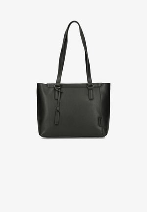 Borsa tote nera con due manici lunghi, realizzata in materiale sintetico liscio. Presenta cuciture minime e un piccolo etichetta di marca.