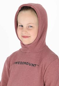 Maroon hooded sweatshirt with a smooth texture featuring "SWEDEMOUNT™" logo in black. The hood is snug and fits closely around the face.