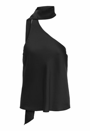 Haut sans manches noir à col halter asymétrique avec un long lien en tissu au niveau du cou et de l'ourlet latéral.