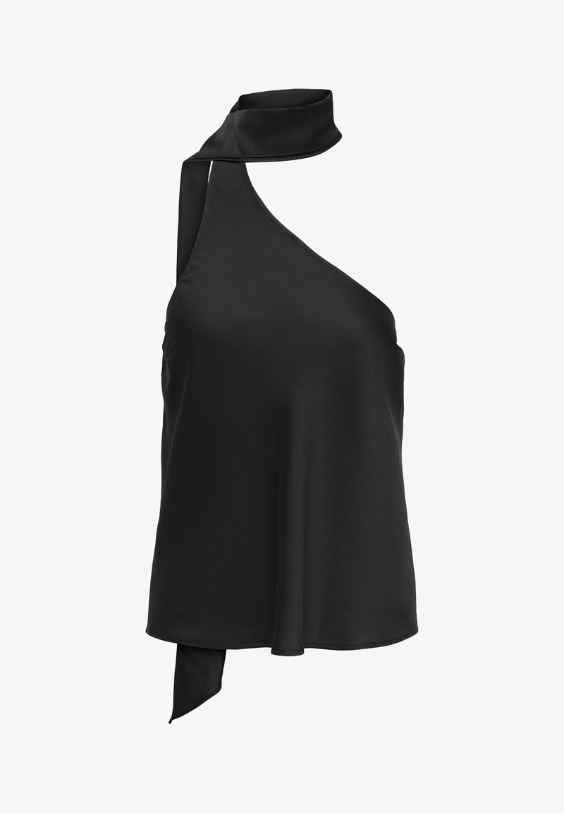 Haut sans manches noir à col halter asymétrique avec un long lien en tissu au niveau du cou et de l'ourlet latéral.