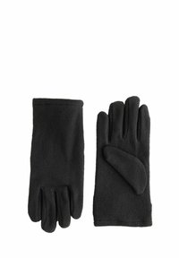 Gants en polaire noire, présentant une texture douce, des poignets droits et un design à cinq doigts avec un accent sur le pouce.