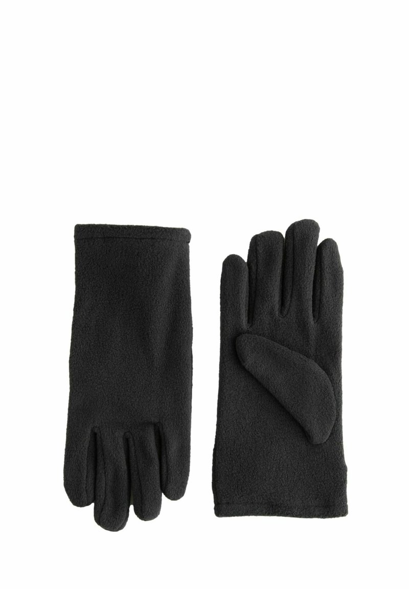 Gants en polaire noire, présentant une texture douce, des poignets droits et un design à cinq doigts avec un accent sur le pouce.
