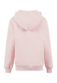 Felpa rosa con cappuccio regolabile, polsini e orlo a coste. Realizzata in tessuto morbido con una texture liscia, priva di motivi o dettagli visibili.
