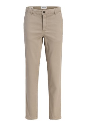 Beige slim-fit chinos til mænd med knap- og lynlås lukning, bæltestropper og forlommer.