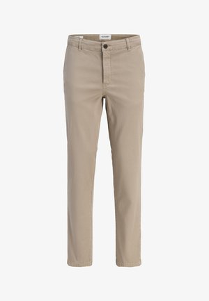 Beigen väriset, slim fit -malliset miesten chinot, joissa on nappi- ja vetoketjukiinnitys, vyölenkit ja etutaskut.