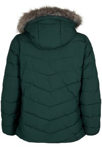 Giacca a vento verde con motivo a chevron, cappuccio con bordo in pelliccia sintetica e texture trapuntata, caratterizzata da una vestibilità comoda e maniche lunghe.