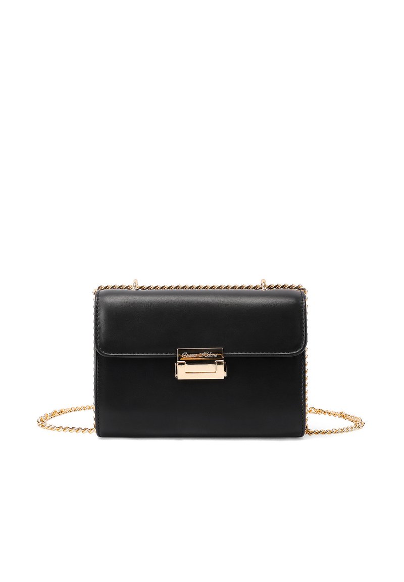Borsa a mano nera in pelle con forma rettangolare, chiusura in metallo dorato e tracolla a catena. Texture liscia con dettagli di cucitura discreti.