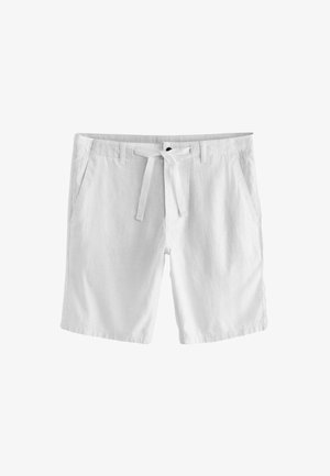 Biele ľanové šortky s pásom na stiahnutie, dvoma bočnými vreckami a plochým predným dizajnom. Hladká textúra a neformálny štýl vhodný na teplé počasie.