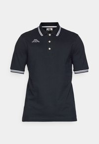 Polo shirt nera in cotone. Presenta una pattina con tre bottoni, accenti a strisce bianche sulle maniche e un logo sul petto.
