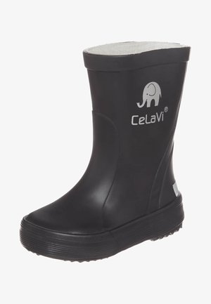 Zwarte waterdichte rubberen regenlaars met een gestructureerde zool, zachte grijze voering en een wit olifantenlogo aan de zijkant. Glad afwerking en ronde bovenkant.