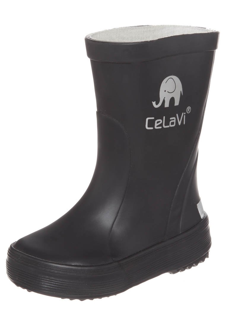 Zwarte waterdichte rubberen regenlaars met een gestructureerde zool, zachte grijze voering en een wit olifantenlogo aan de zijkant. Glad afwerking en ronde bovenkant.