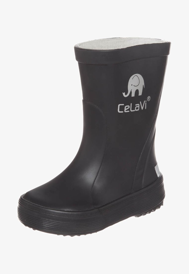 Botte de pluie noire en caoutchouc imperméable avec une semelle texturée, doublure douce grise et un logo d'éléphant blanc sur le côté. Fini lisse et haut arrondi.
