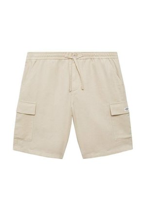 Beige cargo shorts with an elastic waistband, drawstring, two side pockets, and two cargo pockets featuring flap closures.