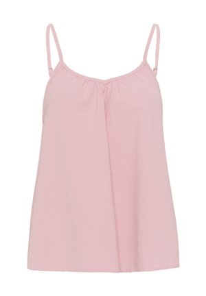 Light pink camisole with thin straps, made from soft fabric. Features gathered detailing around the neckline and a flowing silhouette.