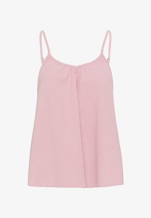 Lichtroze cami-top met dunne bandjes, gemaakt van zachte stof. Heeft plooidetails rond de halslijn en een vloeiende silhouette.